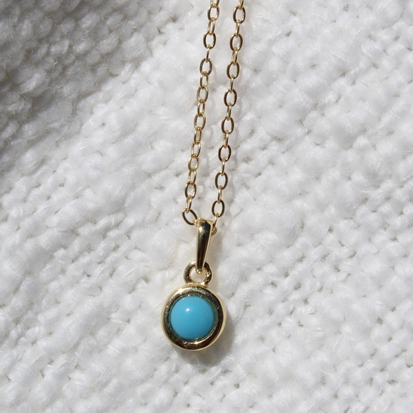 Sterling Silver Gold Necklace with Turquoise Mini Round Pendant - Picture 4 of 10